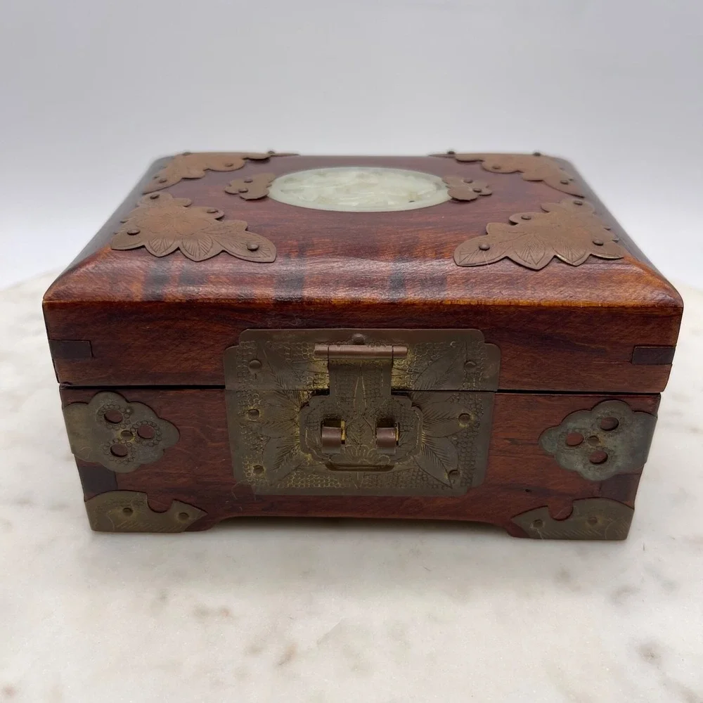 Vintage Chinese Carved Inlay Jewelry Box Shanghai Blue Silk Wooden‎